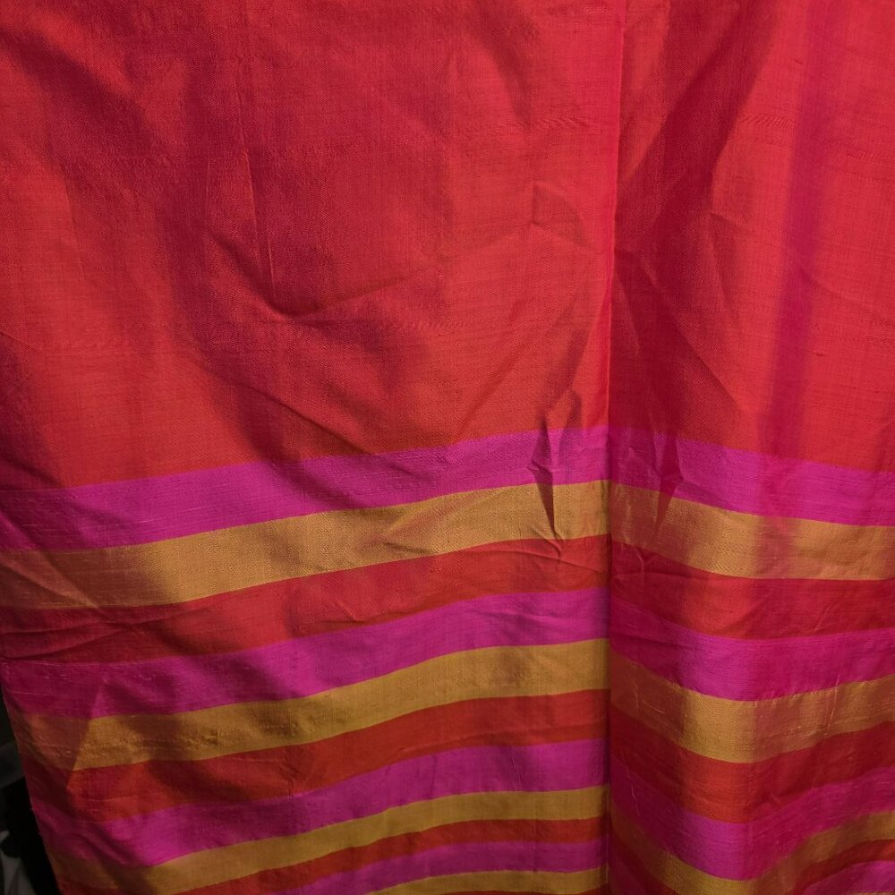 Vintage Pink Orange Handwoven Raw Silk Scarf/Shawl With Fuchsia Stripes HS242 - Picture 9 of 10